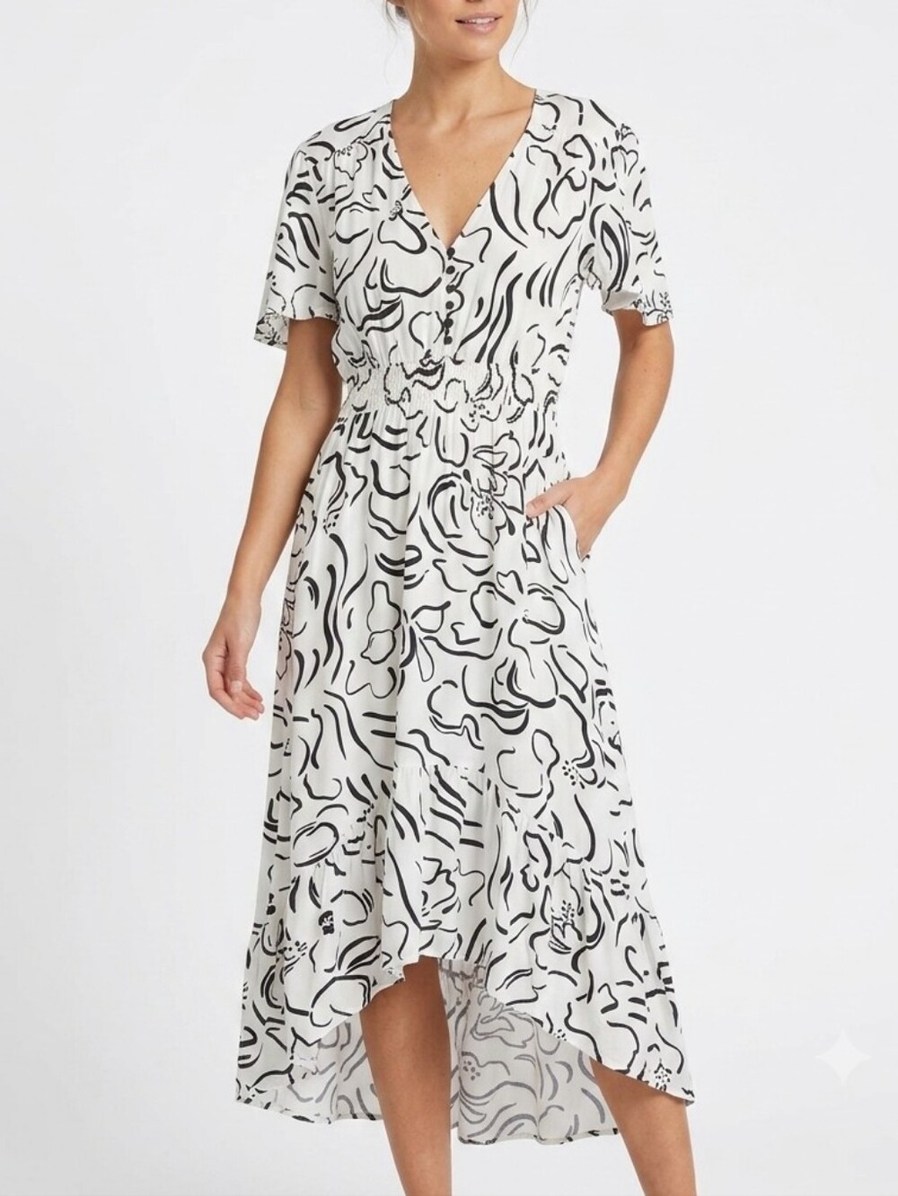 Abel The Label Black & White Line Art Floral High-Low Midi Dress (Size M)
